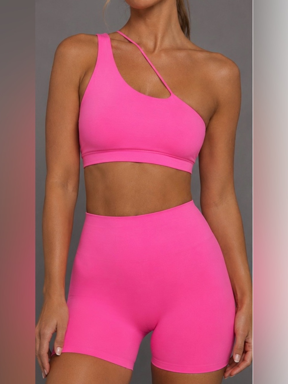 One-Shoulder Women’s Small Hot Pink Active Sports Bra & Shorts Set